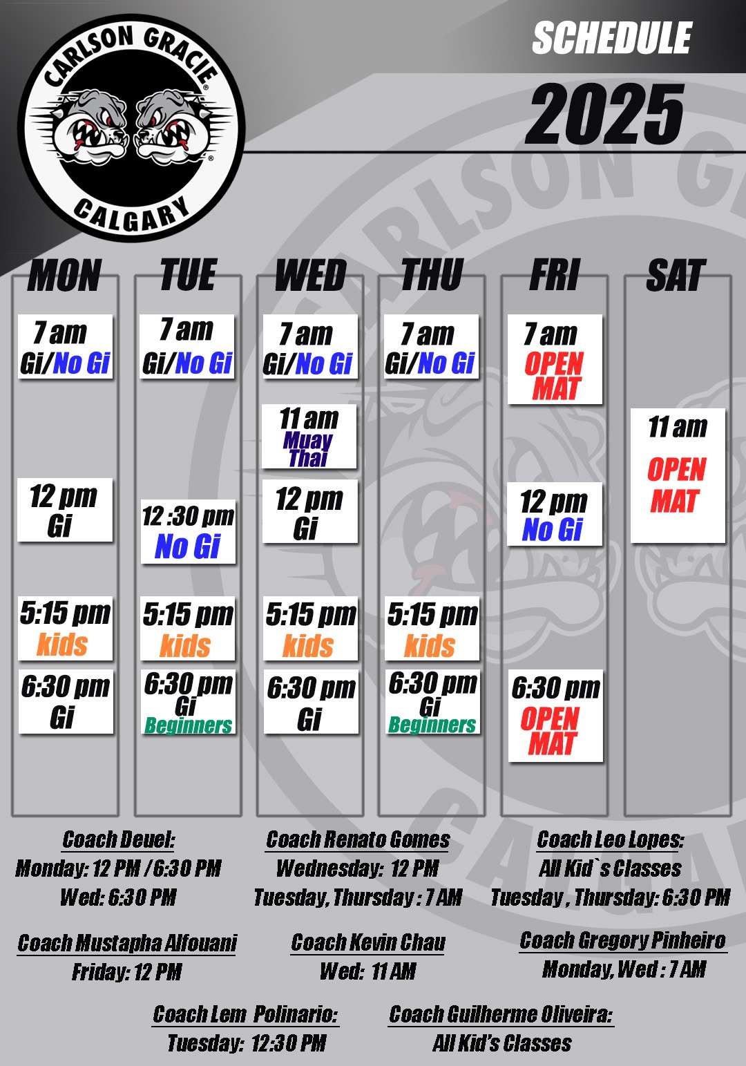Carlson Gracie Calgary 2025 class schedule